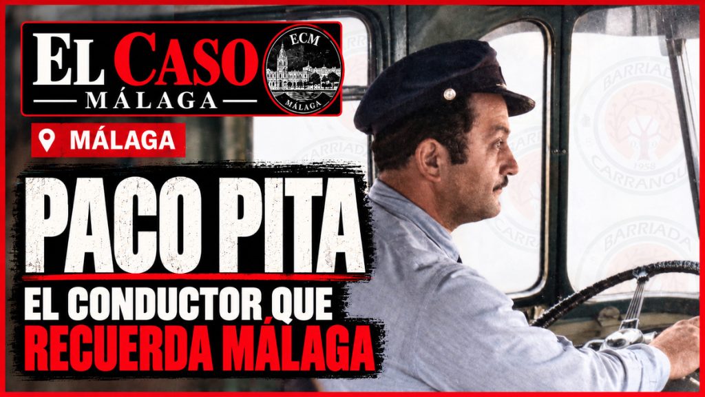 Paco Pita, identificado por Soy de Carranque, conduciendo un autobús en una fotografía histórica colorizada para El Caso Málaga.